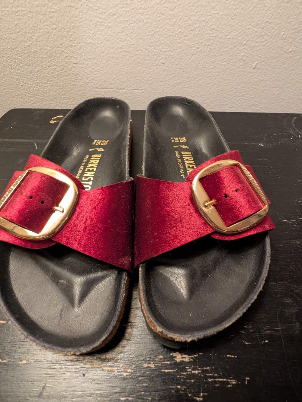 Birkenstock Madrid Velvet Slide Sandals in Deep Red with Gold Buckle